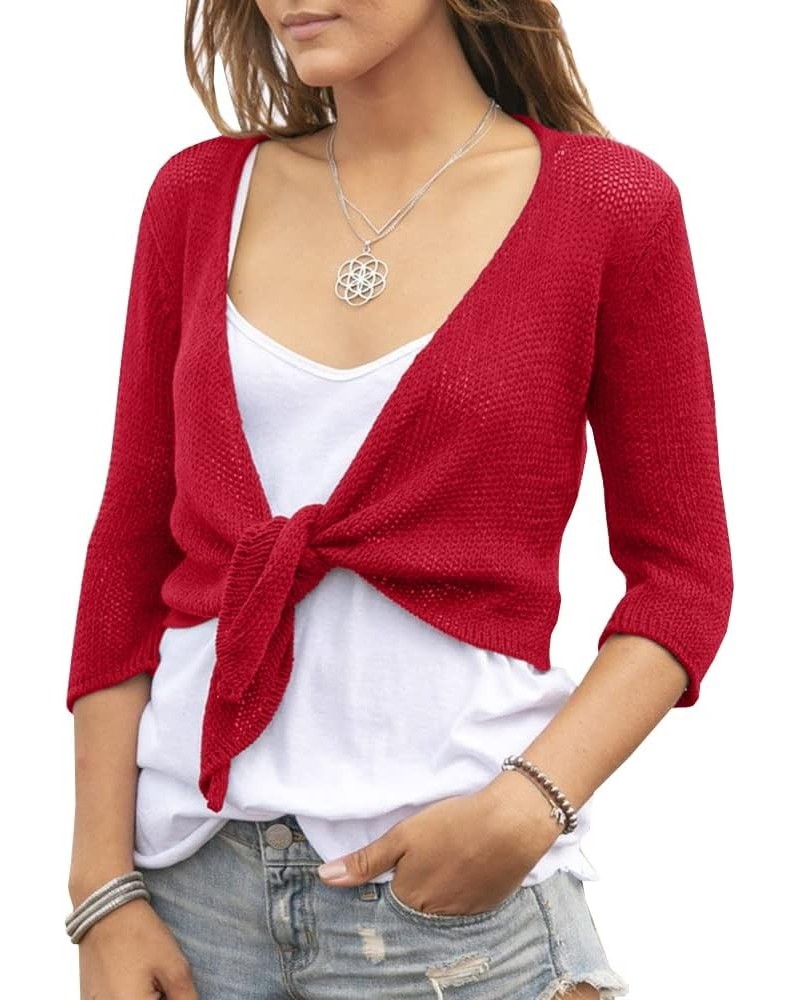 Women's Tie Front Shrug 3/4 Sleeve Bolero Sheer Knotted Lightweight Cardigan Sweaters Short Shawl Tops Red $13.44 Sweaters