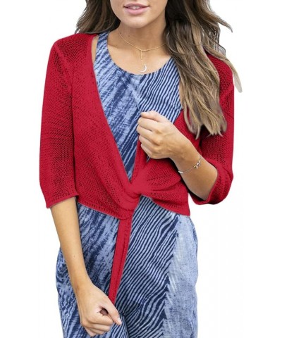 Women's Tie Front Shrug 3/4 Sleeve Bolero Sheer Knotted Lightweight Cardigan Sweaters Short Shawl Tops Red $13.44 Sweaters