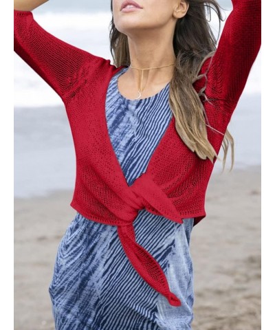 Women's Tie Front Shrug 3/4 Sleeve Bolero Sheer Knotted Lightweight Cardigan Sweaters Short Shawl Tops Red $13.44 Sweaters