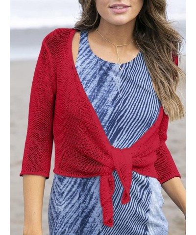 Women's Tie Front Shrug 3/4 Sleeve Bolero Sheer Knotted Lightweight Cardigan Sweaters Short Shawl Tops Red $13.44 Sweaters