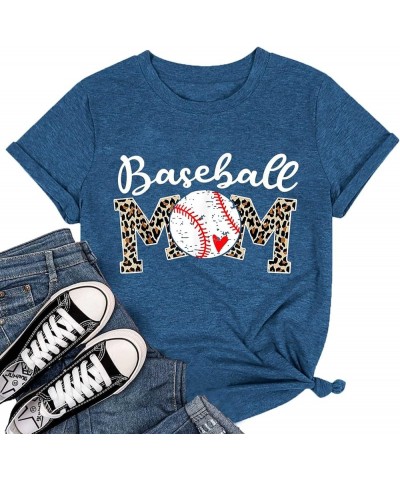 Baseball Mom Shirt Women Baseball Leopard Mom Letter Print Short Sleeve Softball Giaphic Tee Tops Blue2 $14.74 Tops