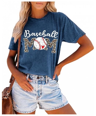 Baseball Mom Shirt Women Baseball Leopard Mom Letter Print Short Sleeve Softball Giaphic Tee Tops Blue2 $14.74 Tops