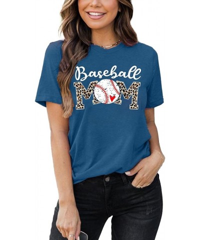 Baseball Mom Shirt Women Baseball Leopard Mom Letter Print Short Sleeve Softball Giaphic Tee Tops Blue2 $14.74 Tops