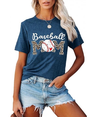 Baseball Mom Shirt Women Baseball Leopard Mom Letter Print Short Sleeve Softball Giaphic Tee Tops Blue2 $14.74 Tops