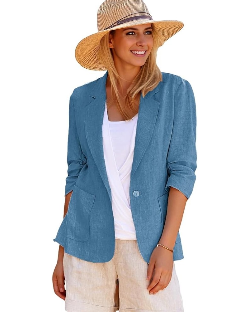 Linen Blazer Women 2024 New Spring Fully Lined 3/4 Stretchy Ruched Sleeve Lightweight Casual Work Jacket Suit 1-navy Blue $24...