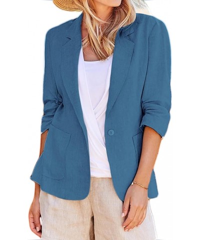 Linen Blazer Women 2024 New Spring Fully Lined 3/4 Stretchy Ruched Sleeve Lightweight Casual Work Jacket Suit 1-navy Blue $24...