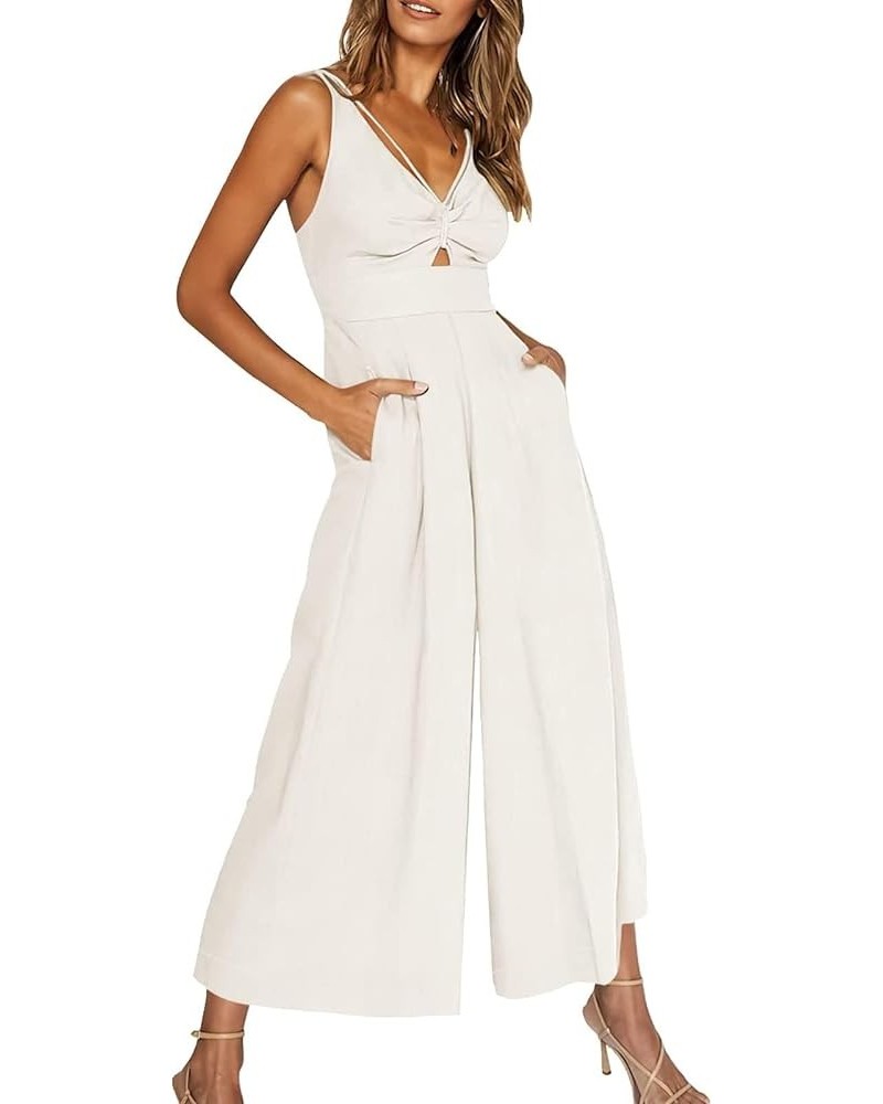 Women's Sexy Deep V Neck Sleeveless Halter Jumpsuit Backless High Waist Wide Leg Romper 01-white $11.39 Jumpsuits