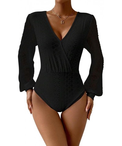 Women's Dots Mesh Long Sleeve Bodysuits Solid V Neck Slim Fit Eyelet Shirt Tops Black $13.34 Bodysuits