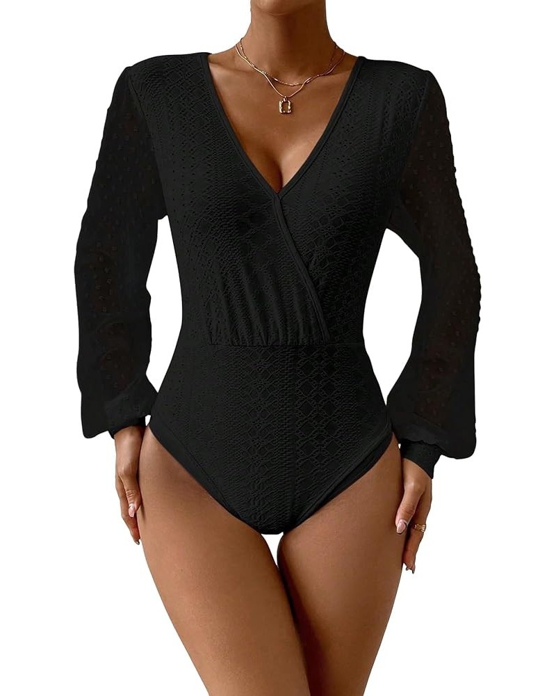 Women's Dots Mesh Long Sleeve Bodysuits Solid V Neck Slim Fit Eyelet Shirt Tops Black $13.34 Bodysuits