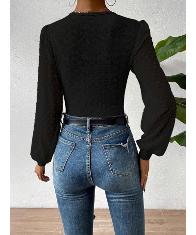 Women's Dots Mesh Long Sleeve Bodysuits Solid V Neck Slim Fit Eyelet Shirt Tops Black $13.34 Bodysuits