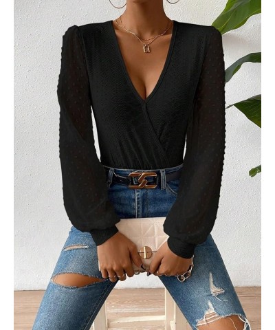 Women's Dots Mesh Long Sleeve Bodysuits Solid V Neck Slim Fit Eyelet Shirt Tops Black $13.34 Bodysuits