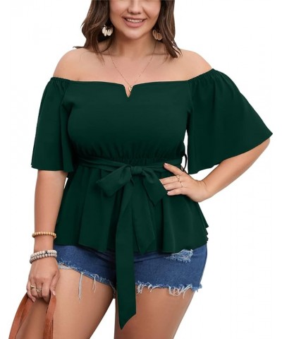 Women's Plus Size Off The Shoulder Peplum Blouse Top Half Bell Sleeve Tie Waist Ruffle Hem Babydoll Tops Emerald Green $19.75...