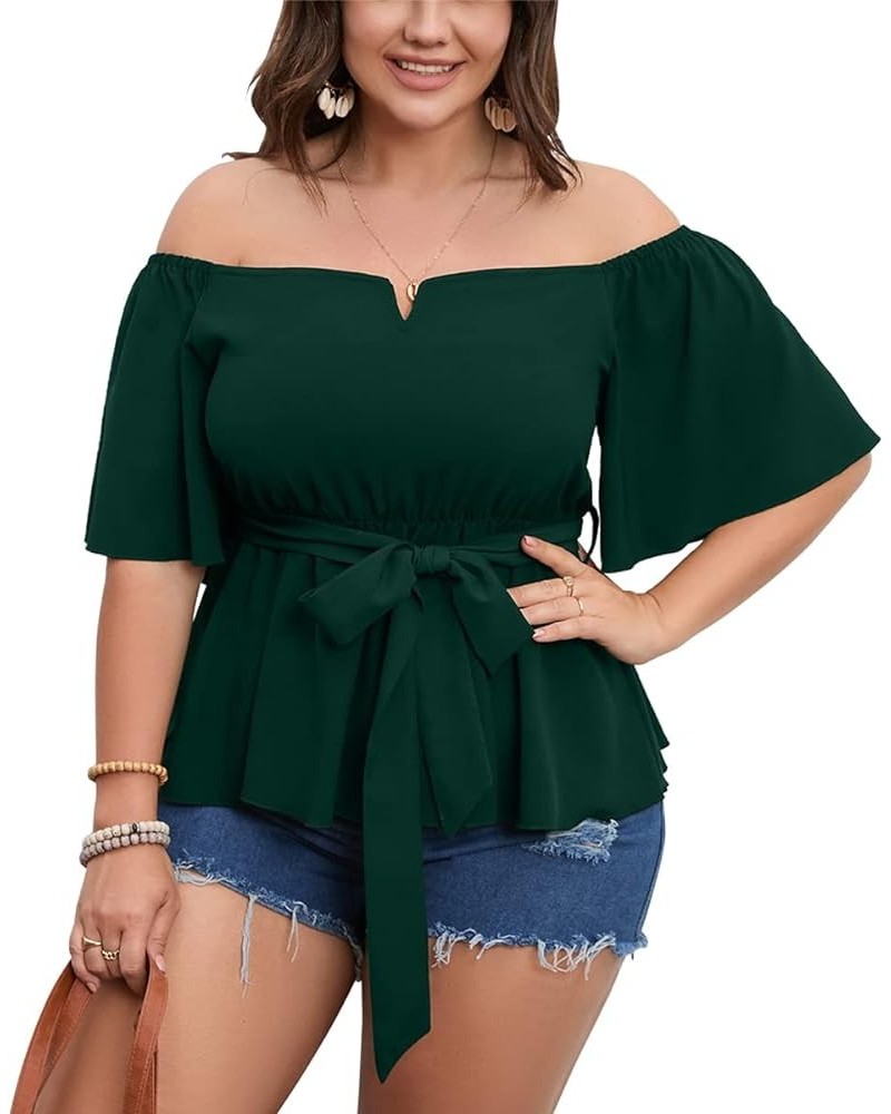 Women's Plus Size Off The Shoulder Peplum Blouse Top Half Bell Sleeve Tie Waist Ruffle Hem Babydoll Tops Emerald Green $19.75...