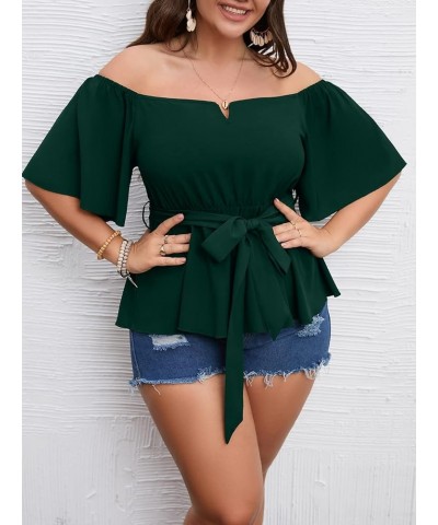 Women's Plus Size Off The Shoulder Peplum Blouse Top Half Bell Sleeve Tie Waist Ruffle Hem Babydoll Tops Emerald Green $19.75...