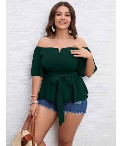 Women's Plus Size Off The Shoulder Peplum Blouse Top Half Bell Sleeve Tie Waist Ruffle Hem Babydoll Tops Emerald Green $19.75...