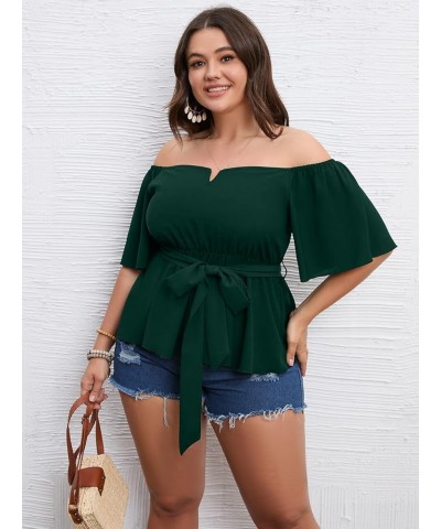 Women's Plus Size Off The Shoulder Peplum Blouse Top Half Bell Sleeve Tie Waist Ruffle Hem Babydoll Tops Emerald Green $19.75...