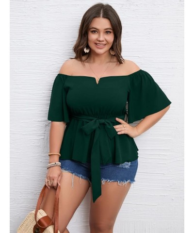 Women's Plus Size Off The Shoulder Peplum Blouse Top Half Bell Sleeve Tie Waist Ruffle Hem Babydoll Tops Emerald Green $19.75...