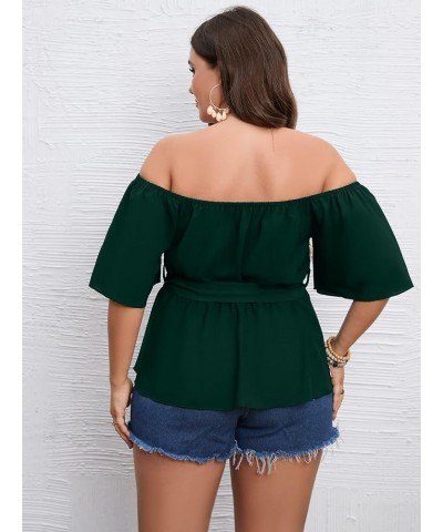 Women's Plus Size Off The Shoulder Peplum Blouse Top Half Bell Sleeve Tie Waist Ruffle Hem Babydoll Tops Emerald Green $19.75...