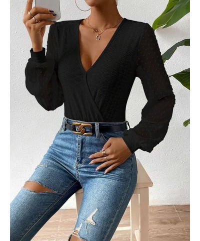 Women's Dots Mesh Long Sleeve Bodysuits Solid V Neck Slim Fit Eyelet Shirt Tops Black $13.34 Bodysuits