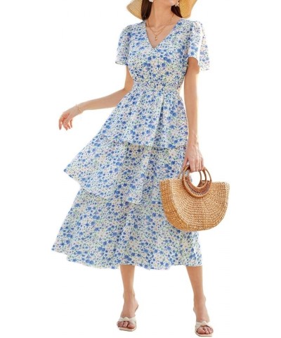 Women's 2024 Floral Summer Long Midi Dress V Neck Short Sleeve Ruffle Tiered Layered Boho Swing Dresses White Blue Floral $24...