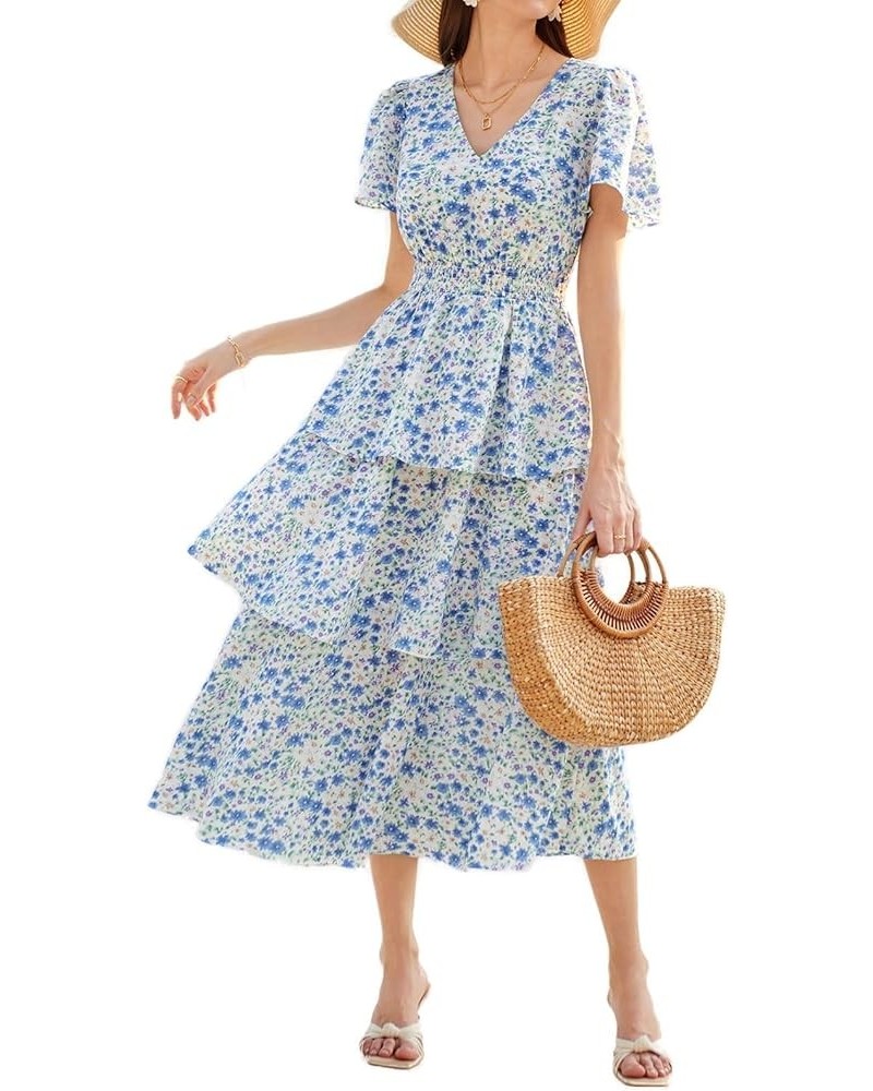 Women's 2024 Floral Summer Long Midi Dress V Neck Short Sleeve Ruffle Tiered Layered Boho Swing Dresses White Blue Floral $24...