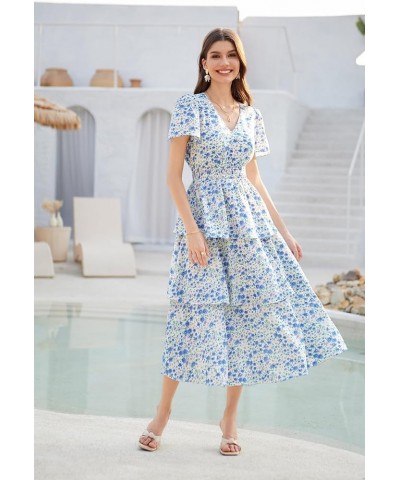 Women's 2024 Floral Summer Long Midi Dress V Neck Short Sleeve Ruffle Tiered Layered Boho Swing Dresses White Blue Floral $24...