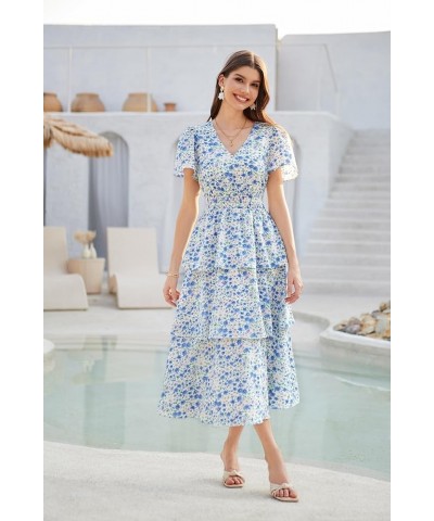 Women's 2024 Floral Summer Long Midi Dress V Neck Short Sleeve Ruffle Tiered Layered Boho Swing Dresses White Blue Floral $24...