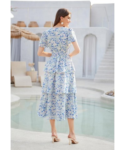 Women's 2024 Floral Summer Long Midi Dress V Neck Short Sleeve Ruffle Tiered Layered Boho Swing Dresses White Blue Floral $24...