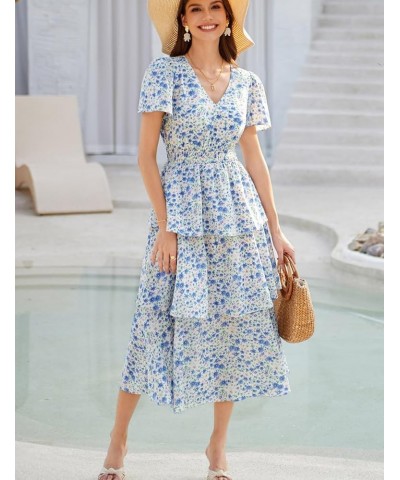 Women's 2024 Floral Summer Long Midi Dress V Neck Short Sleeve Ruffle Tiered Layered Boho Swing Dresses White Blue Floral $24...