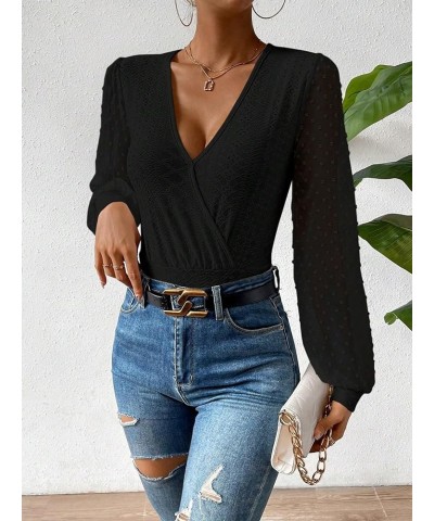 Women's Dots Mesh Long Sleeve Bodysuits Solid V Neck Slim Fit Eyelet Shirt Tops Black $13.34 Bodysuits