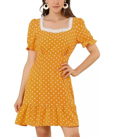 Women's Summer Sweetheart Neck Ruffled Hem Puff Short Sleeve Polka Dots Dress Drak Yellow $13.24 Dresses