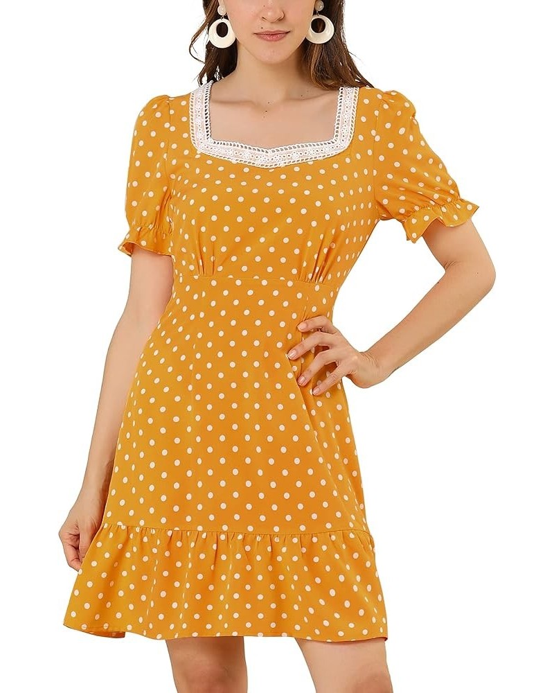 Women's Summer Sweetheart Neck Ruffled Hem Puff Short Sleeve Polka Dots Dress Drak Yellow $13.24 Dresses