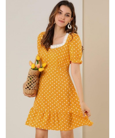 Women's Summer Sweetheart Neck Ruffled Hem Puff Short Sleeve Polka Dots Dress Drak Yellow $13.24 Dresses