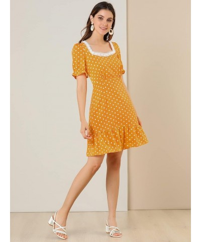 Women's Summer Sweetheart Neck Ruffled Hem Puff Short Sleeve Polka Dots Dress Drak Yellow $13.24 Dresses