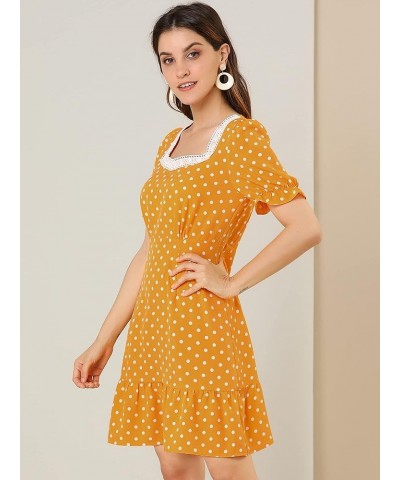 Women's Summer Sweetheart Neck Ruffled Hem Puff Short Sleeve Polka Dots Dress Drak Yellow $13.24 Dresses