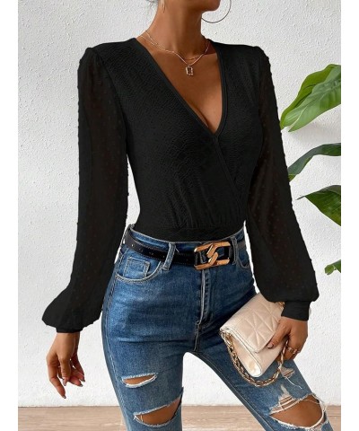 Women's Dots Mesh Long Sleeve Bodysuits Solid V Neck Slim Fit Eyelet Shirt Tops Black $13.34 Bodysuits