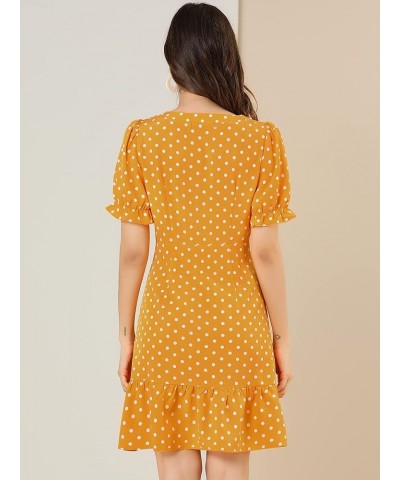 Women's Summer Sweetheart Neck Ruffled Hem Puff Short Sleeve Polka Dots Dress Drak Yellow $13.24 Dresses