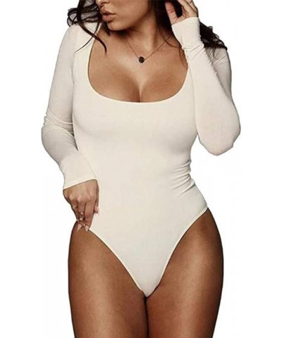 Women's Scoop Neck Long Sleeve Bodysuit Stretchy Basic T Shirt Body Suit Tops Cream White $14.55 Lingerie