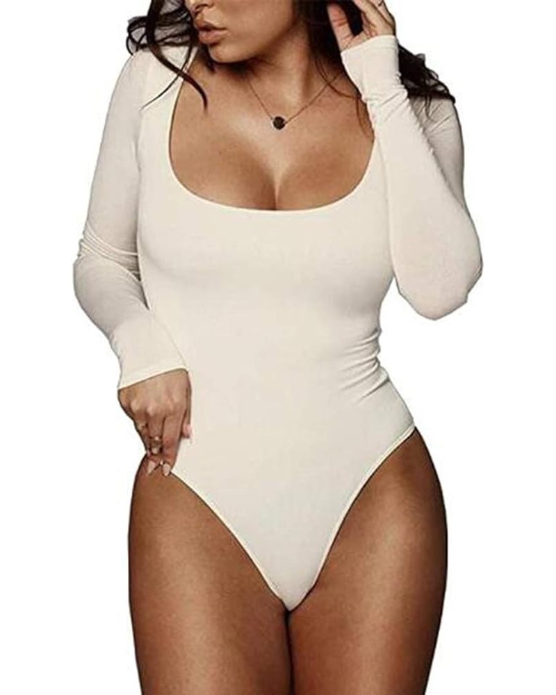 Women's Scoop Neck Long Sleeve Bodysuit Stretchy Basic T Shirt Body Suit Tops Cream White $14.55 Lingerie