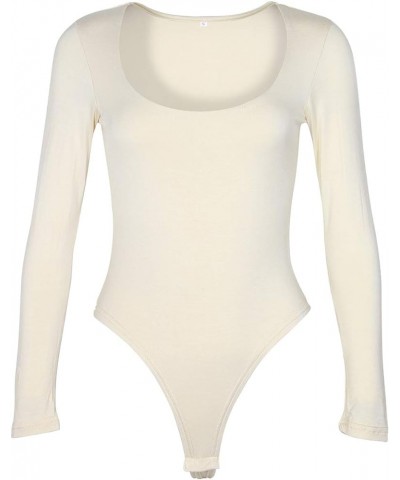 Women's Scoop Neck Long Sleeve Bodysuit Stretchy Basic T Shirt Body Suit Tops Cream White $14.55 Lingerie