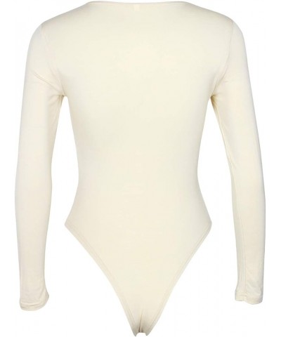 Women's Scoop Neck Long Sleeve Bodysuit Stretchy Basic T Shirt Body Suit Tops Cream White $14.55 Lingerie