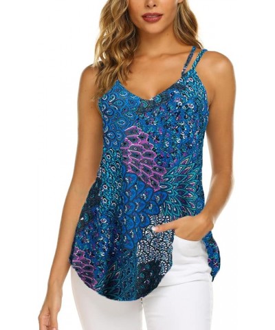 Women's Casual Summer Spaghetti Strap Tank Tops Floral Print Sleeveless V Neck Strappy Shirts Blue $12.48 Tanks