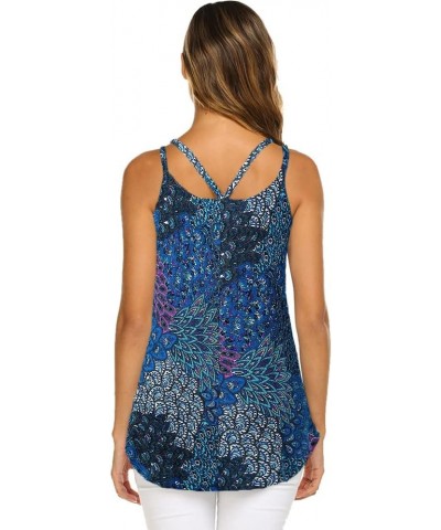 Women's Casual Summer Spaghetti Strap Tank Tops Floral Print Sleeveless V Neck Strappy Shirts Blue $12.48 Tanks