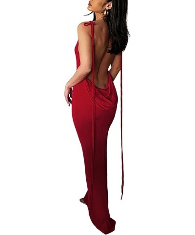 Women’s Halter Backless Maxi Dress Sexy Sleeveless Spaghetti Strap Cocktail Party Club Dress Red $17.38 Dresses