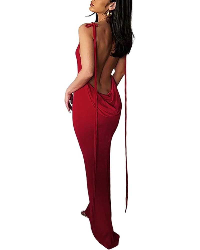 Women’s Halter Backless Maxi Dress Sexy Sleeveless Spaghetti Strap Cocktail Party Club Dress Red $17.38 Dresses