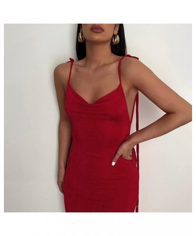 Women’s Halter Backless Maxi Dress Sexy Sleeveless Spaghetti Strap Cocktail Party Club Dress Red $17.38 Dresses