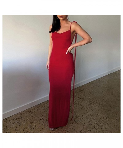 Women’s Halter Backless Maxi Dress Sexy Sleeveless Spaghetti Strap Cocktail Party Club Dress Red $17.38 Dresses