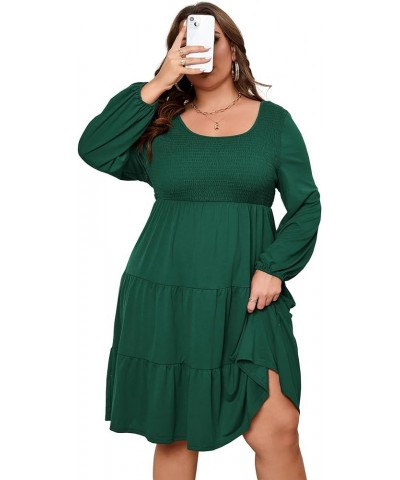 Women Plus Size Smocked Dress Scoop Neck High Waist Ruffle Tiered Casual Midi Dress Long Sleeve Dark Green $23.48 Dresses