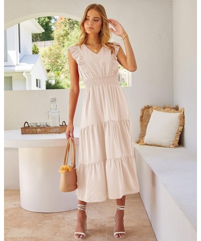 Women's Ruffle Trim Sleeveless V Neck Maxi Long Dress Elastic Waist Pleated Swing Aline Elegant Summer Beach Dresses Solid Ap...