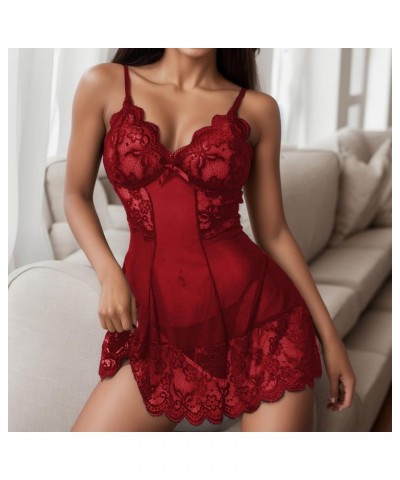 Lingerie for Women Womens Lace Lingeries Chemise V Neck Nightwear Sexy Mesh Sleepwear Boudoir Outfits Teddy Lingerie Red $8.3...